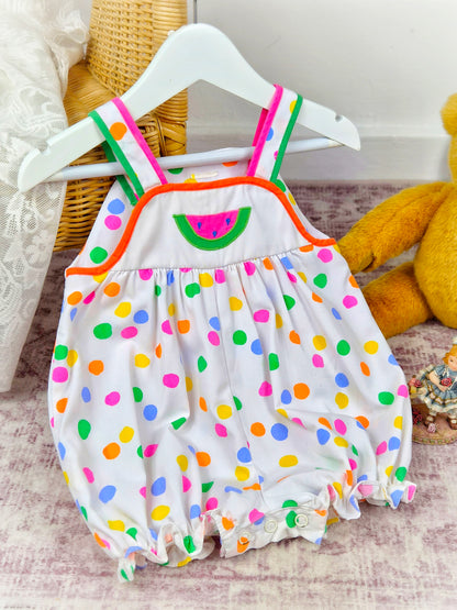 9-12 months. White vintage romper with colourful spots and watermelon