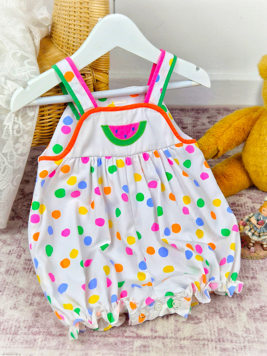 9-12 months. White vintage romper with colourful spots and watermelon