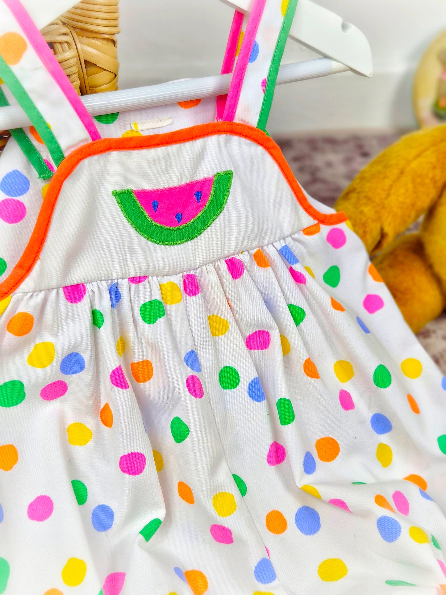 9-12 months. White vintage romper with colourful spots and watermelon