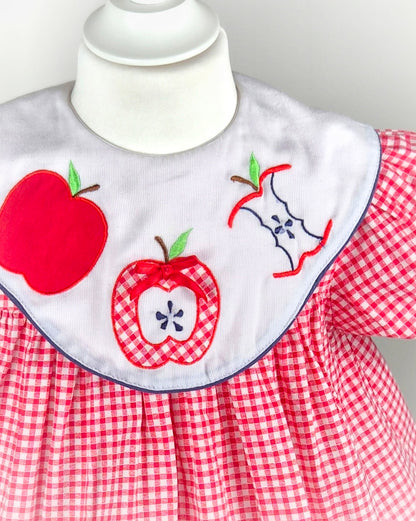 3 years. Red and white gingham vintage dress by Allison Ann with puff sleeves and white bib and apple appliques