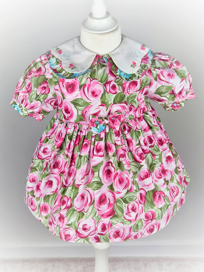 2 years. Vintage Allison Ann dress, pink floral with white collar, embroidered with flowers
