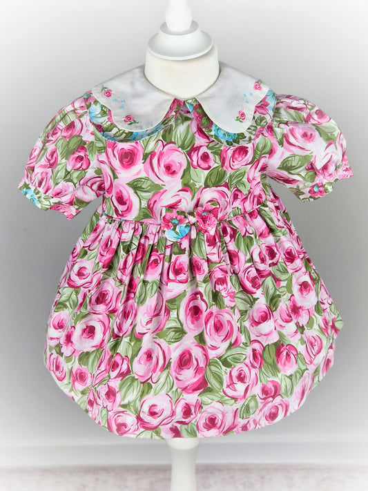 2 years. Vintage Allison Ann dress, pink floral with white collar, embroidered with flowers