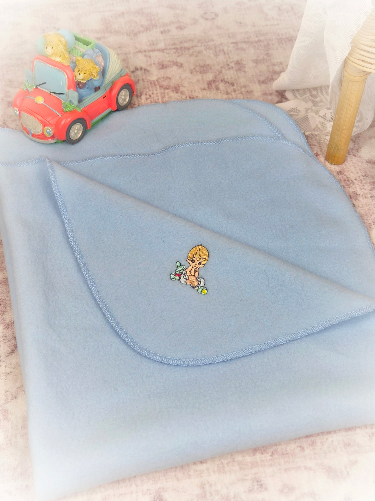 Blue vintage fleece blanket with Precious Moments embroidery