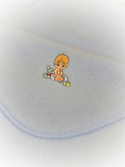 Blue vintage fleece blanket with Precious Moments embroidery