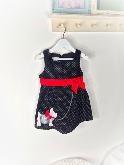 3 years. Black polka dot sleeveless vintage dress from Ashley Ann with Scottie dog applique