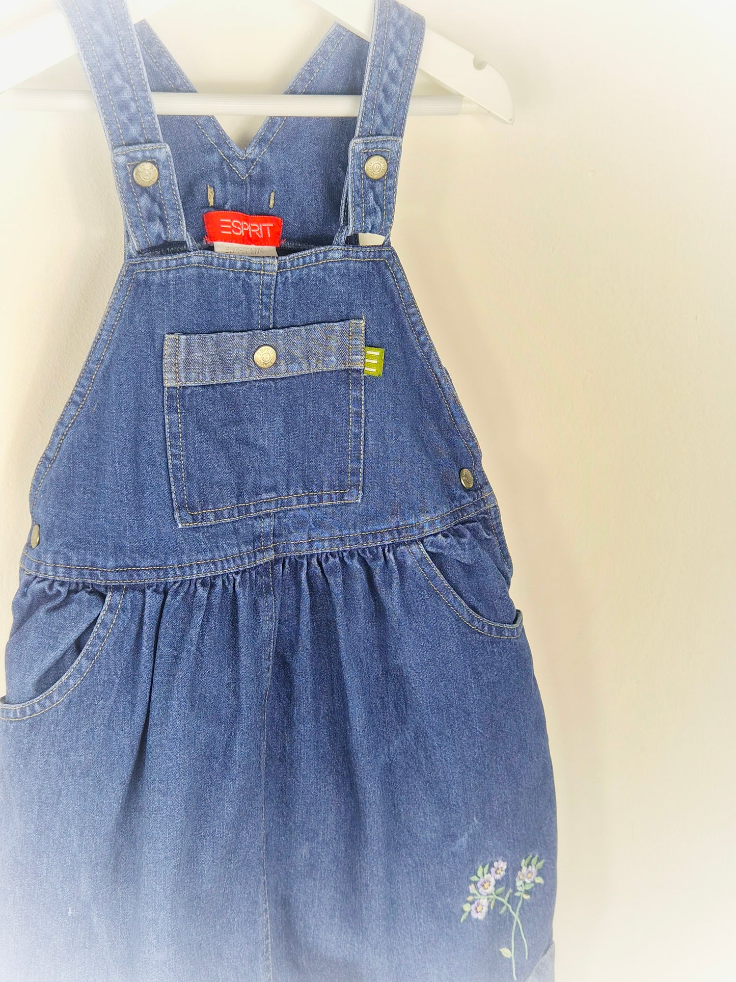 5-6 years. Denim vintage pinafore dress by Espirit with embroidered flowers