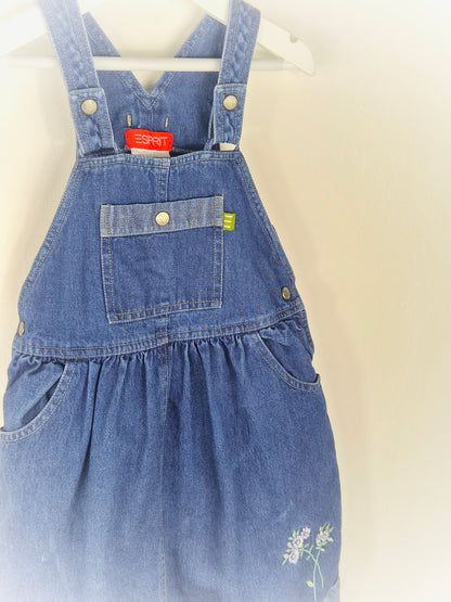5-6 years. Denim vintage pinafore dress by Espirit with embroidered flowers