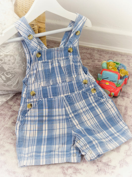 9-12 months. Blue and white checked vintage short dungarees