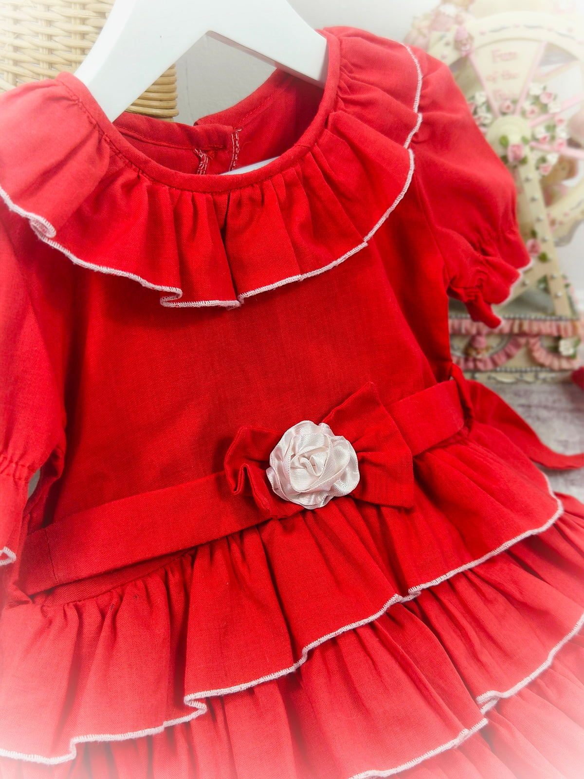 18 months. Red layered vintage dress with ruffle collar, puff sleeves and white flower centre