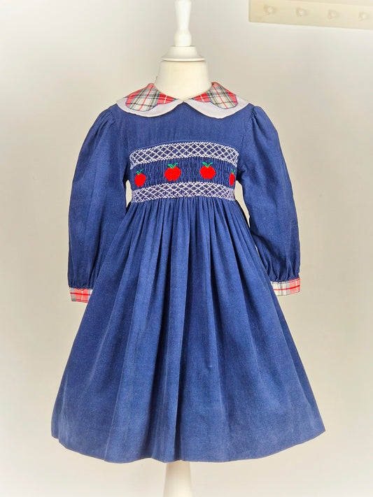 5-6 years. Navy vintage corduroy smock dress with tartan and embroidered apples