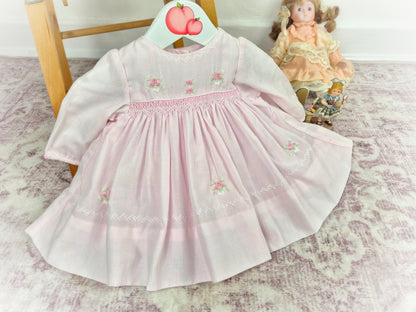 6-9 months. Pink Sarah Louise smock dress with dainty embroidered flowers