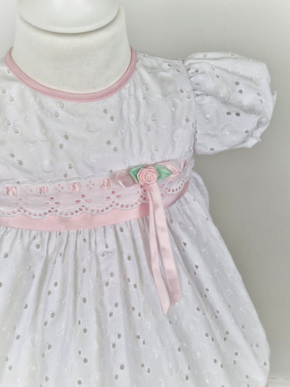 18 months. White broderie anglais  dress with pink ribbon