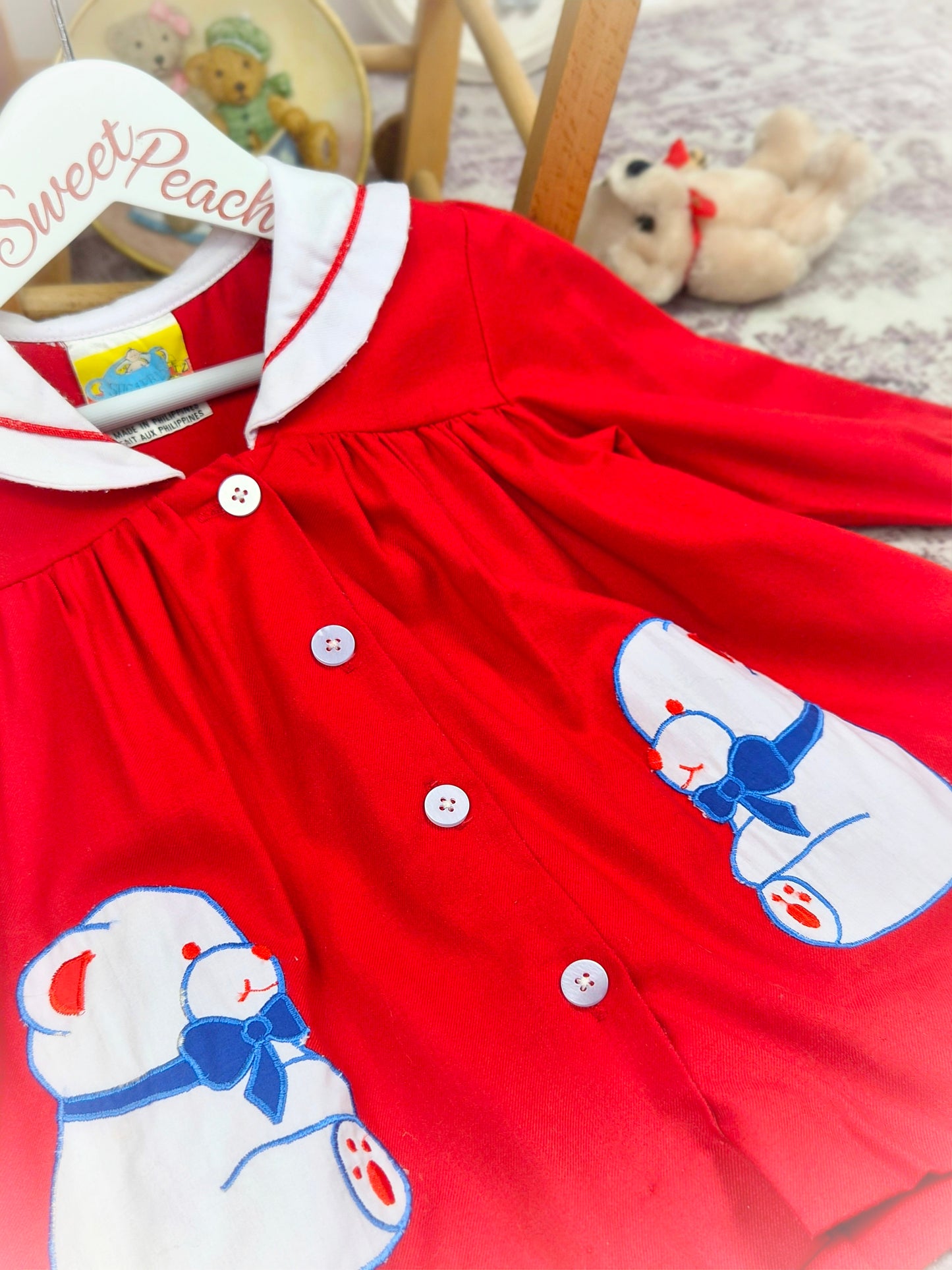 18-24 months. Red vintage dress by Sugar Baby with white collar and teddy bears