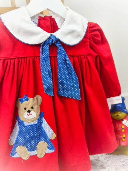 18-24 months. Red vintage Samara dress with navy polka dot neck tie, white collar and teddy bear applique