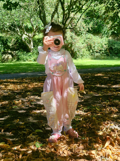 18-24 months. Pastel dungarees from Pretty Originals.