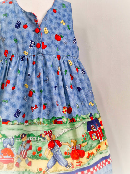 5-6 years. Sleeveless vintage dress with beautiful teddy bear family, alphabet and apples