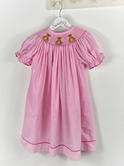 4-5 years. Pink and white vintage inspired, maxi style smock dress with embroidered teddy bears
