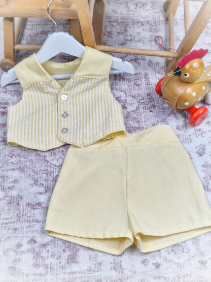 12 months. Two piece set, lemon and white striped waistcoat with matching shorts
