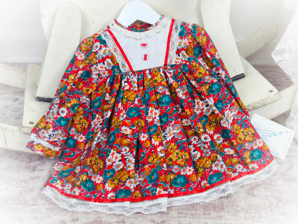 12-18 months. Red floral autumnal vintage dress by Carolyn's Collection