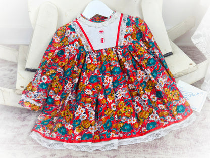 12-18 months. Red floral autumnal vintage dress by Carolyn's Collection