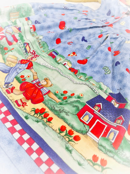5-6 years. Sleeveless vintage dress with beautiful teddy bear family, alphabet and apples