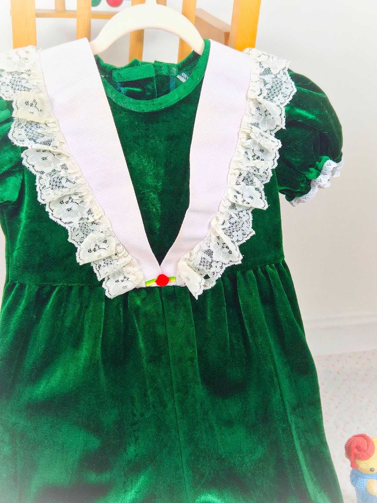 2 years. Green velvet vintage romper with white collar trimmed with lace