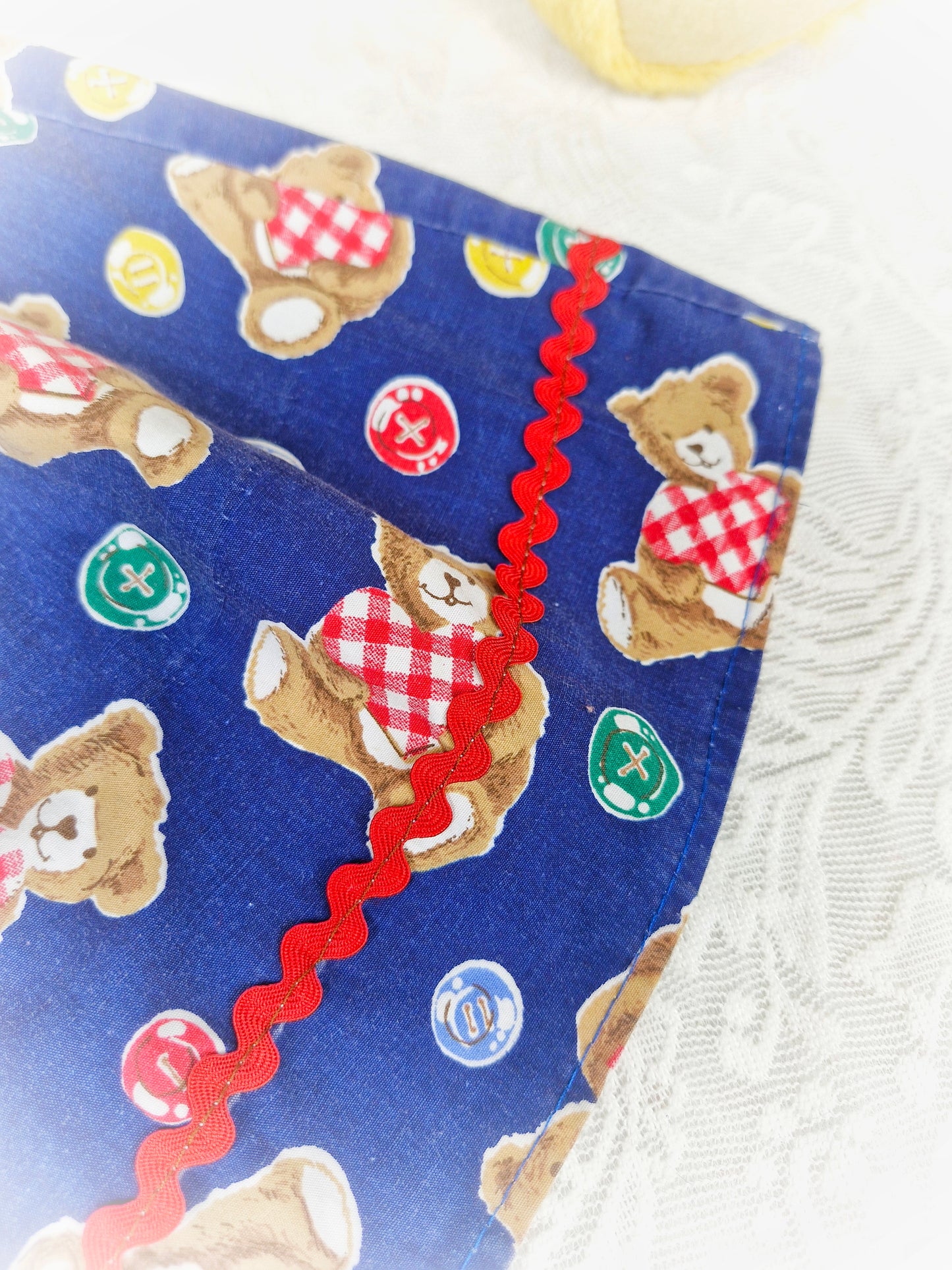 2-3 years. Vintage navy teddy dress with white bib and red gingham details. Mayfair Kids