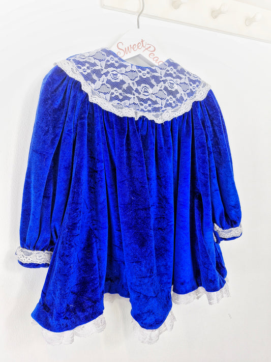 18-24 months. Royal blue velour dress with white lace bib and details