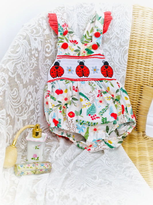 3-6 months. Vintage inspired ladybug smock romper