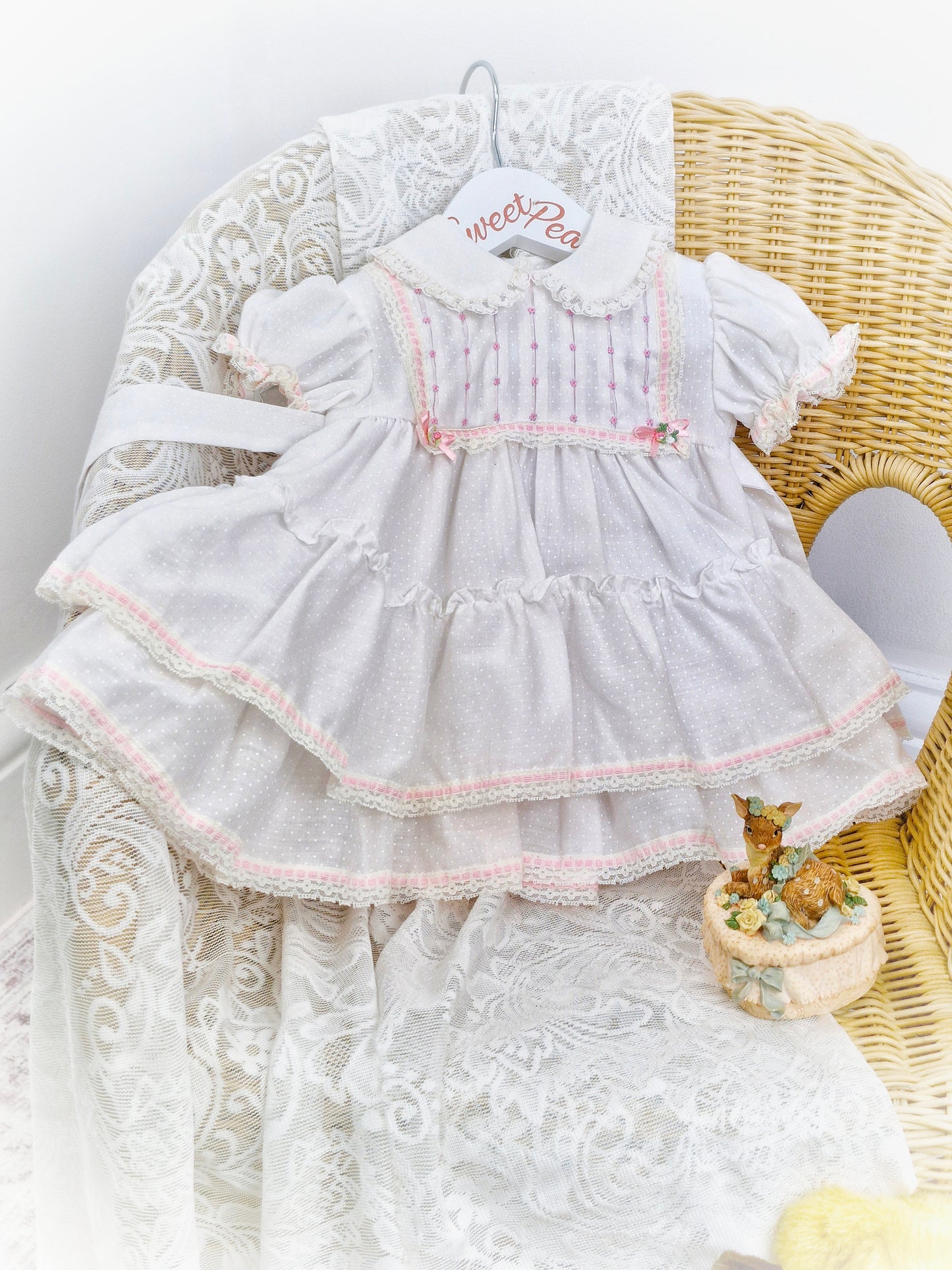 12 months. White Polly Flinders dress with pink smocking and ribbon details