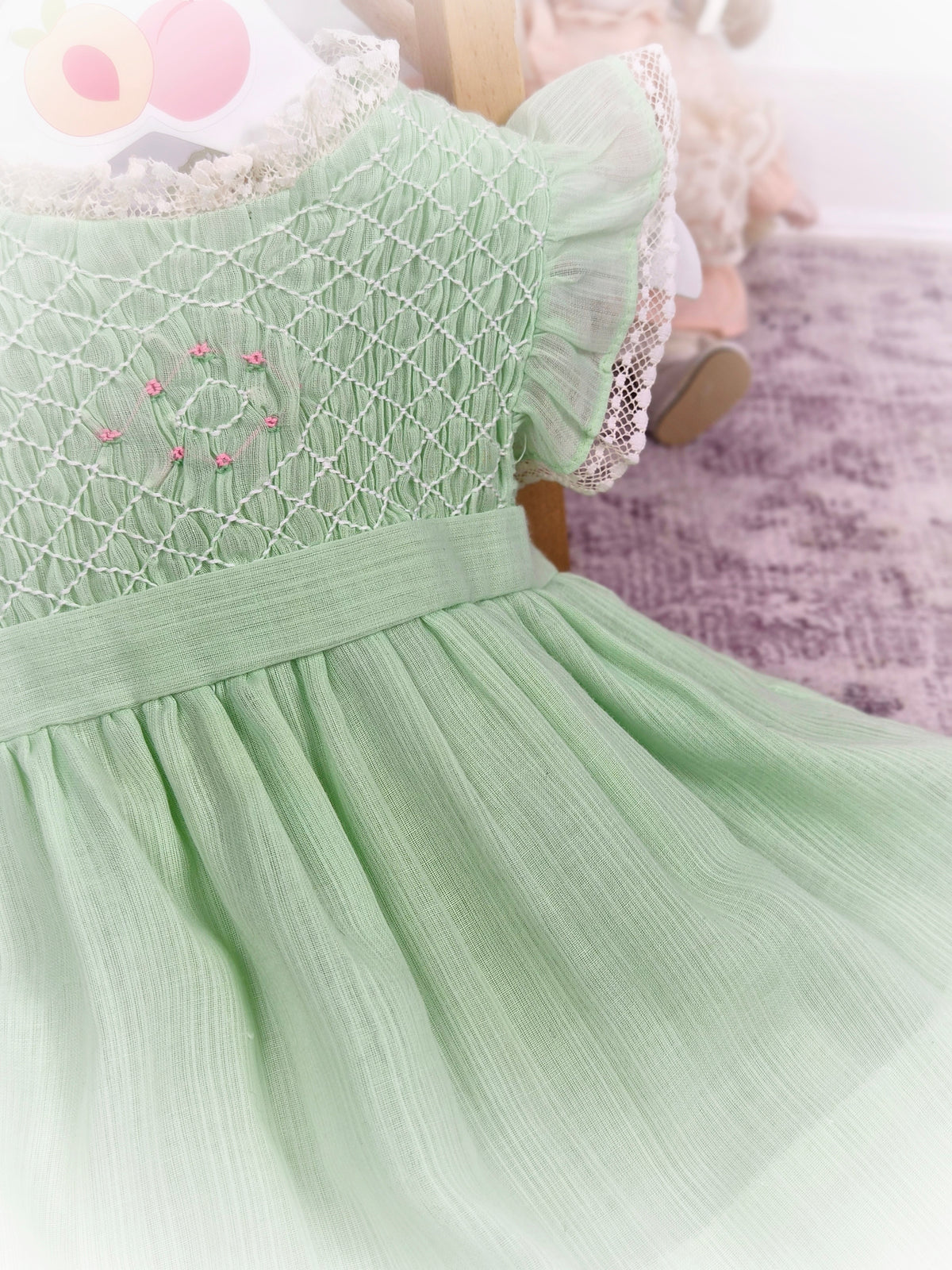 12 months. Mint vintage smock dress with flutter sleeves and sweet embroidered details