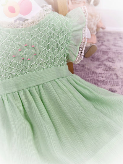 12 months. Mint vintage smock dress with flutter sleeves and sweet embroidered details
