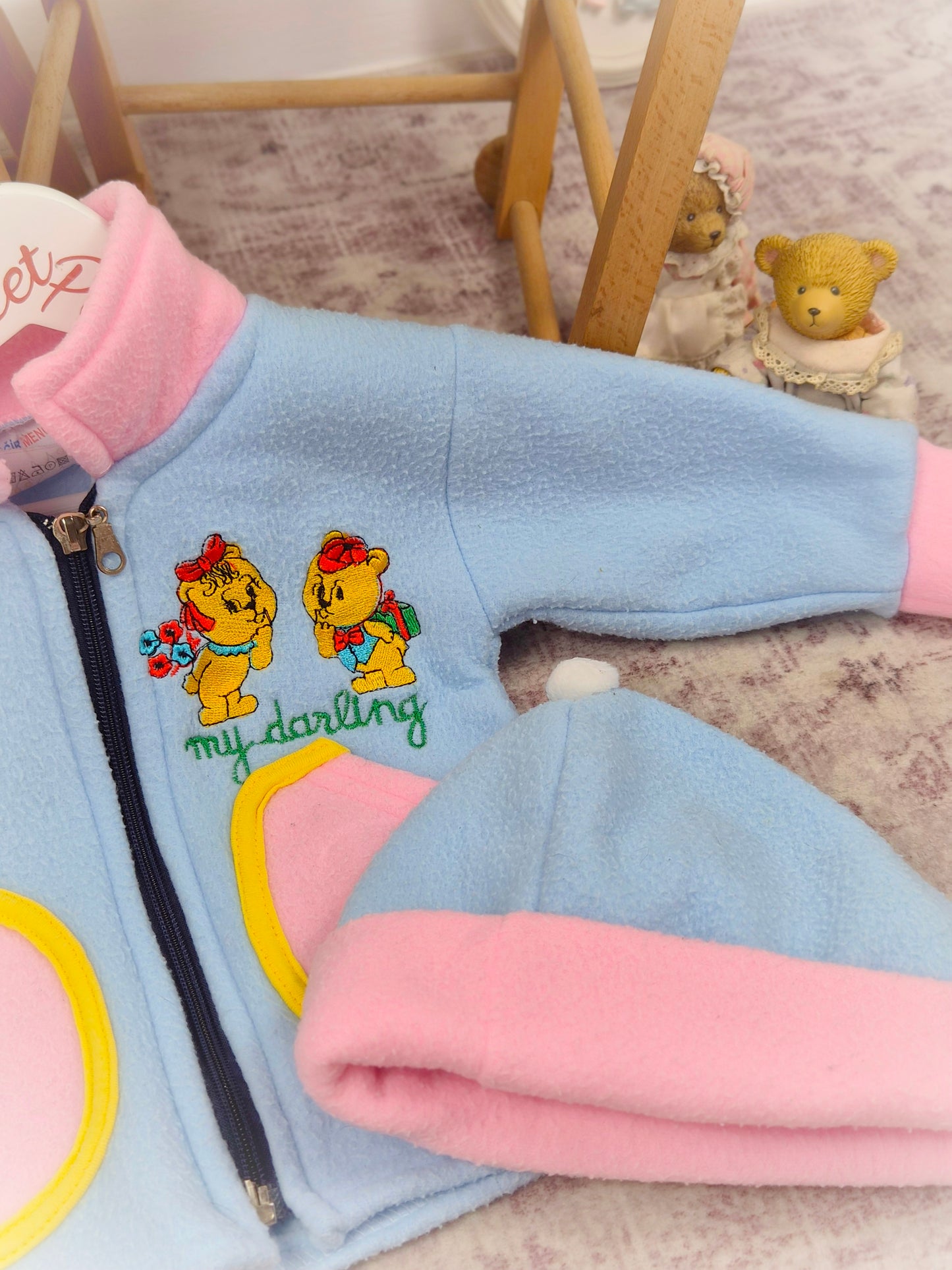 12-18 months. Two-piece vintage fleece jacket and matching hat with embroided teddy bears and "my darling"