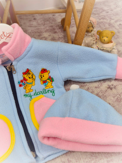 12-18 months. Two-piece vintage fleece jacket and matching hat with embroided teddy bears and "my darling"