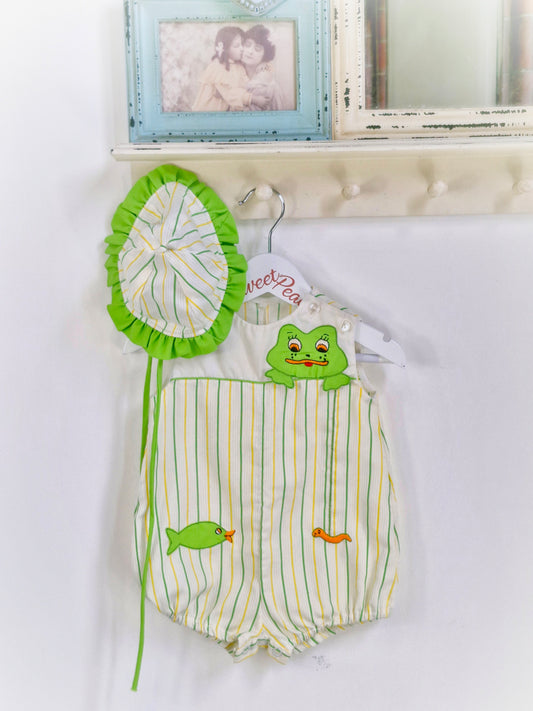 9 months. Romper and hat set, lemon and green with frog and fish details