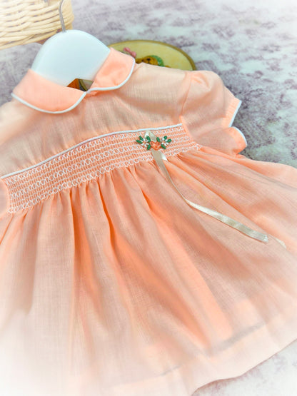 6-9 months. Peach vintage smock dress