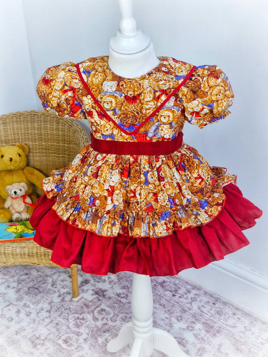 2 years. Handmade in Thailand. Brown bears with maroon finish. Layered skirts