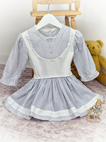 2 years. Grey and white striped vintage dress with lace trim