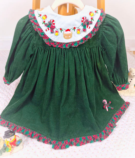 2 years. Forest green vintage corduroy Christmas dress with tartan trim and embroidered bear and candy canes