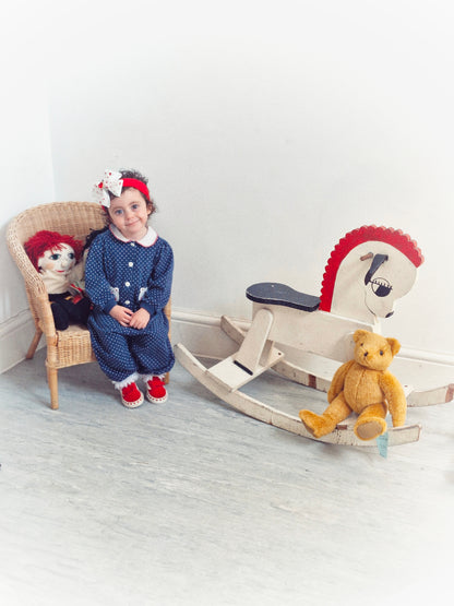 2 years. Navy vintage Buster Brown romper with white polka dots, collar and bears with red details