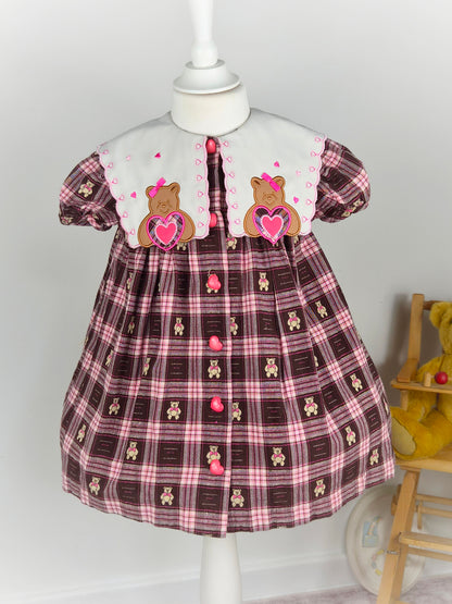 2-3 years. Brown and pink Bonnie Jean dress with large white collar, teddy bears, embroidered hearts and pink heart buttons