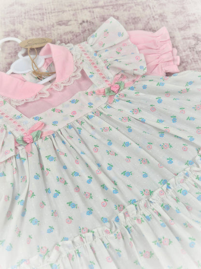 12-18 months. White vintage dress with floral design, frills, rosettes and satin bows