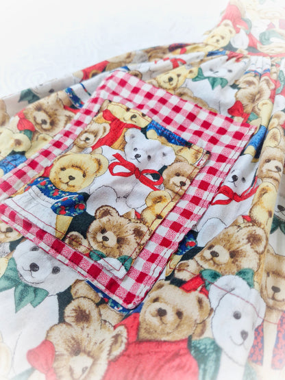 5 years. Handmade teddy print sleeveless dress with gingham details and red buttons