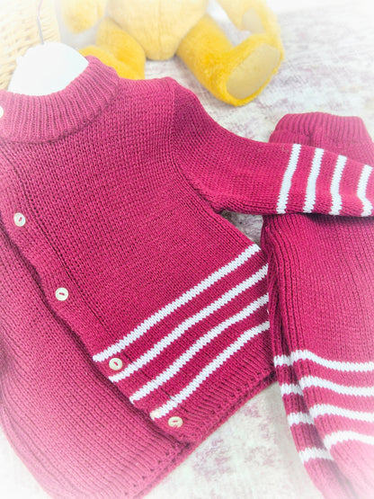 12 months. Burgundy vintage knit set with white stripes and buttons