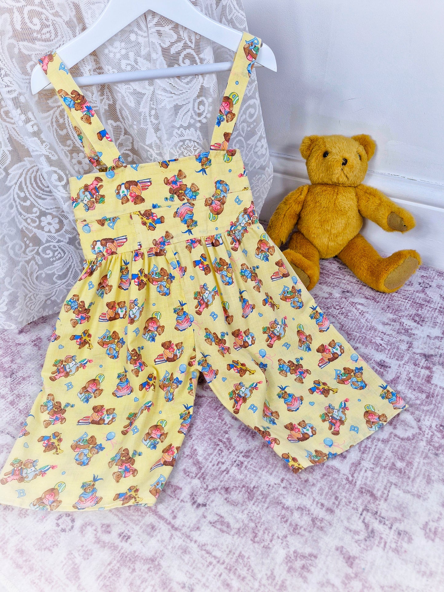 18-24 months. Handmade, wide leg cropped dungarees with party teddies