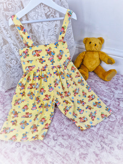 18-24 months. Handmade, wide leg cropped dungarees with party teddies