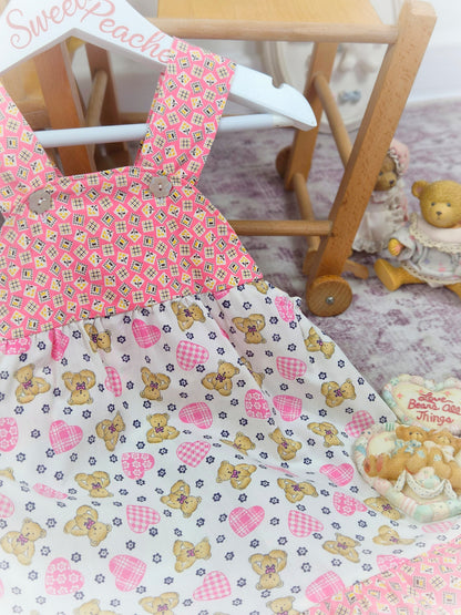 2 years. Vintage pinafore dress with teddy bear and hearts print