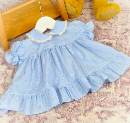 3-6 months. Blue vintage dress with lace trimmed collar and puff sleeves