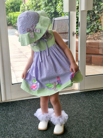 3 years. Rare Editions 3 piece gingham set. Dress with make-up appliques, bloomers and hat