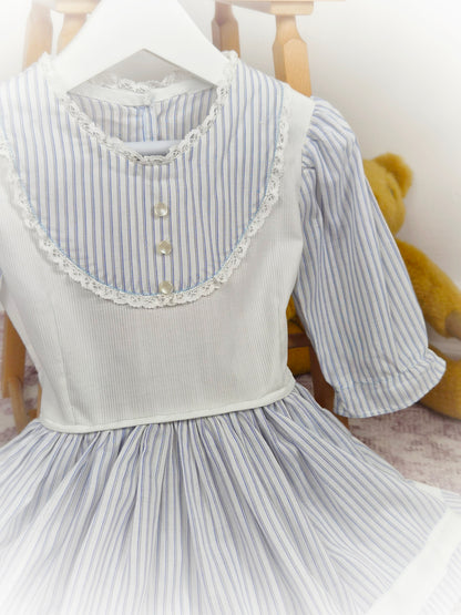 2 years. Grey and white striped vintage dress with lace trim